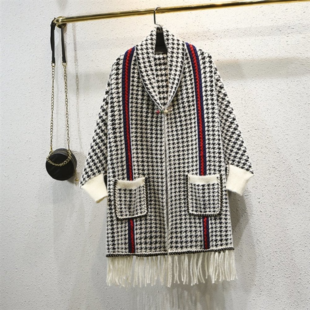 Houndstooth Designer Mink Poncho White